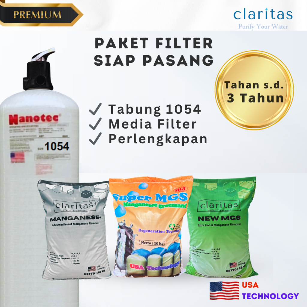 Claritas Filter Air - Paket Filter Air Sumur Bor Tabung FRP 1054 (Besi, Karat, Berminyak, Bau)