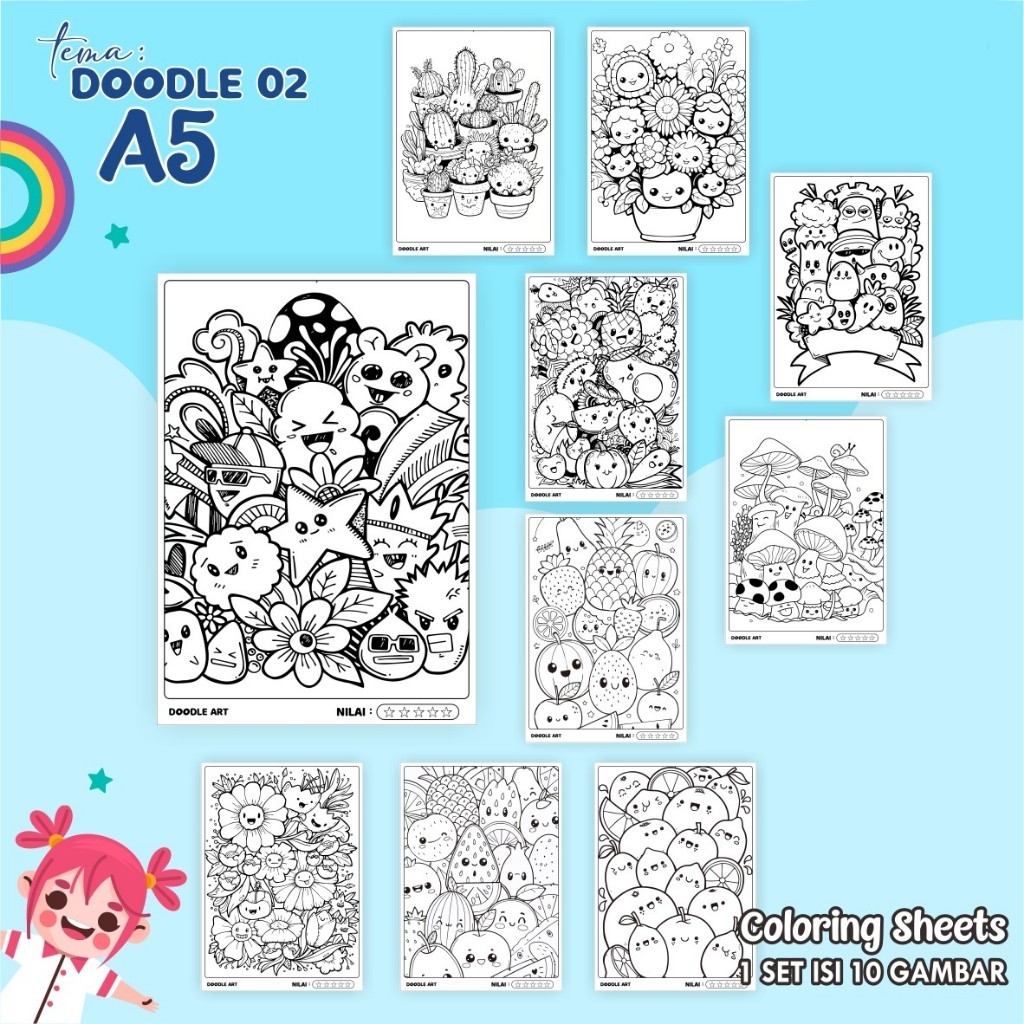 

Kertas Mewarnai A5 Anak Tema Doodle Art 02 Isi 10 Lembar - Coloring Sheet Satuan Tebal Gambar Tajam