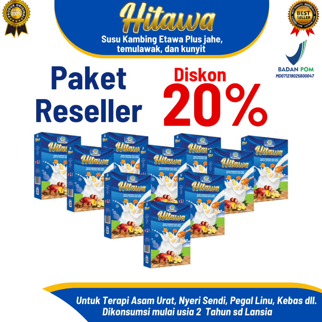 

Paket Reseller HITAWA 200gr – Susu Etawa Herbal Jahe Merah, Kunyit, Temulawak | Rematik, Tulang
