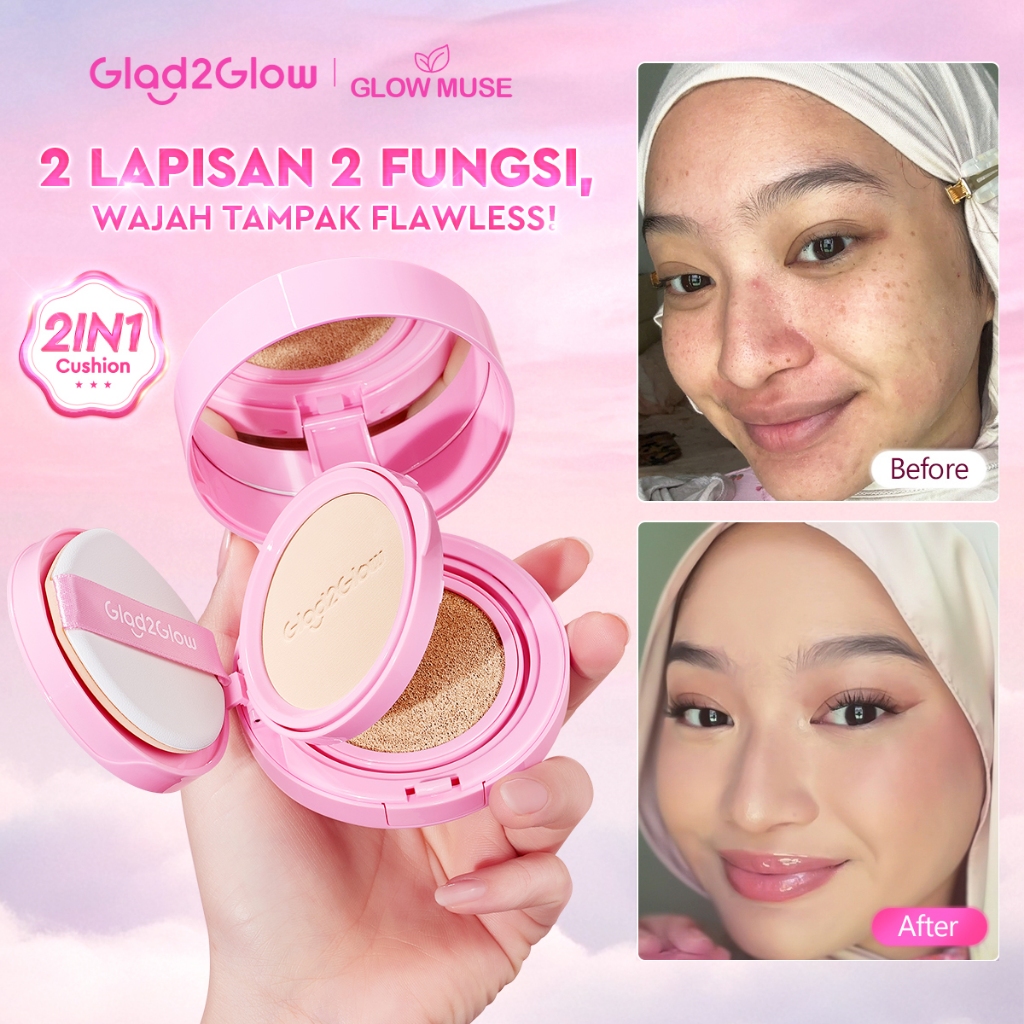 [100% ORI]Glad2Glow 2in1 Perfect Pair Cushion Powder Foundation Waterproof Make Up Setting BB Cream 