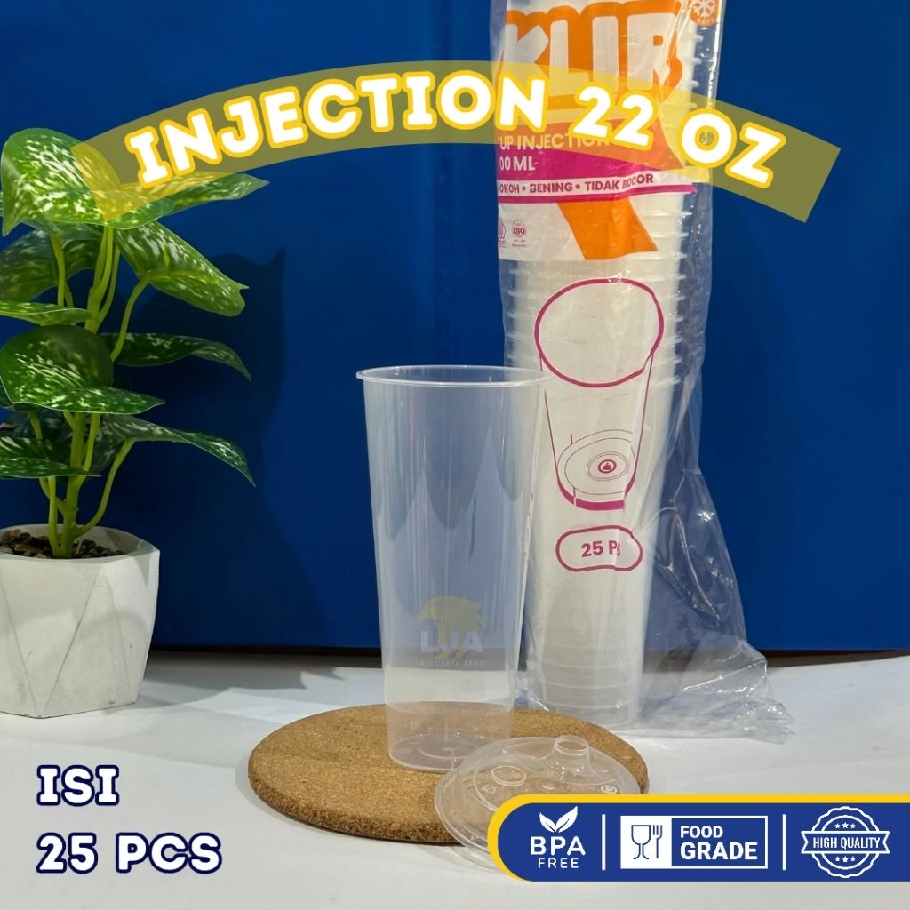 [25PCS] Gelas Plastik Injection KLIR Bening Transparan + Tutup 22oz / Gelas Kopi Stawless / Cup Minu