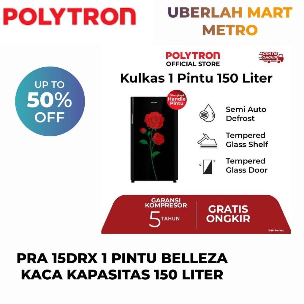POLYTRON KULKAS BELLEZA PRA 15DRX 1 PINTU KACA