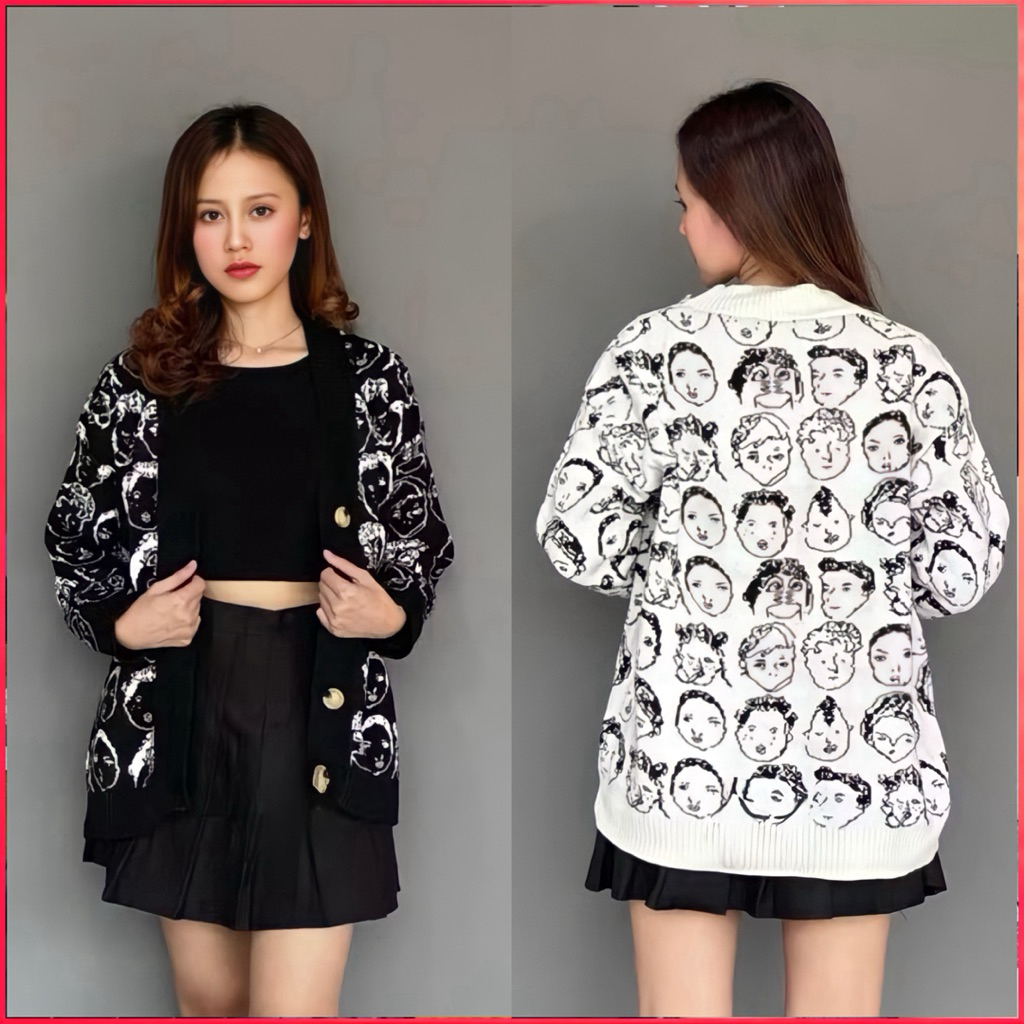 Pariroo Cardigan Wanita Motif Wajah Kartun Korea | Outer Oversize Knit Premium Kekinian Import | Car