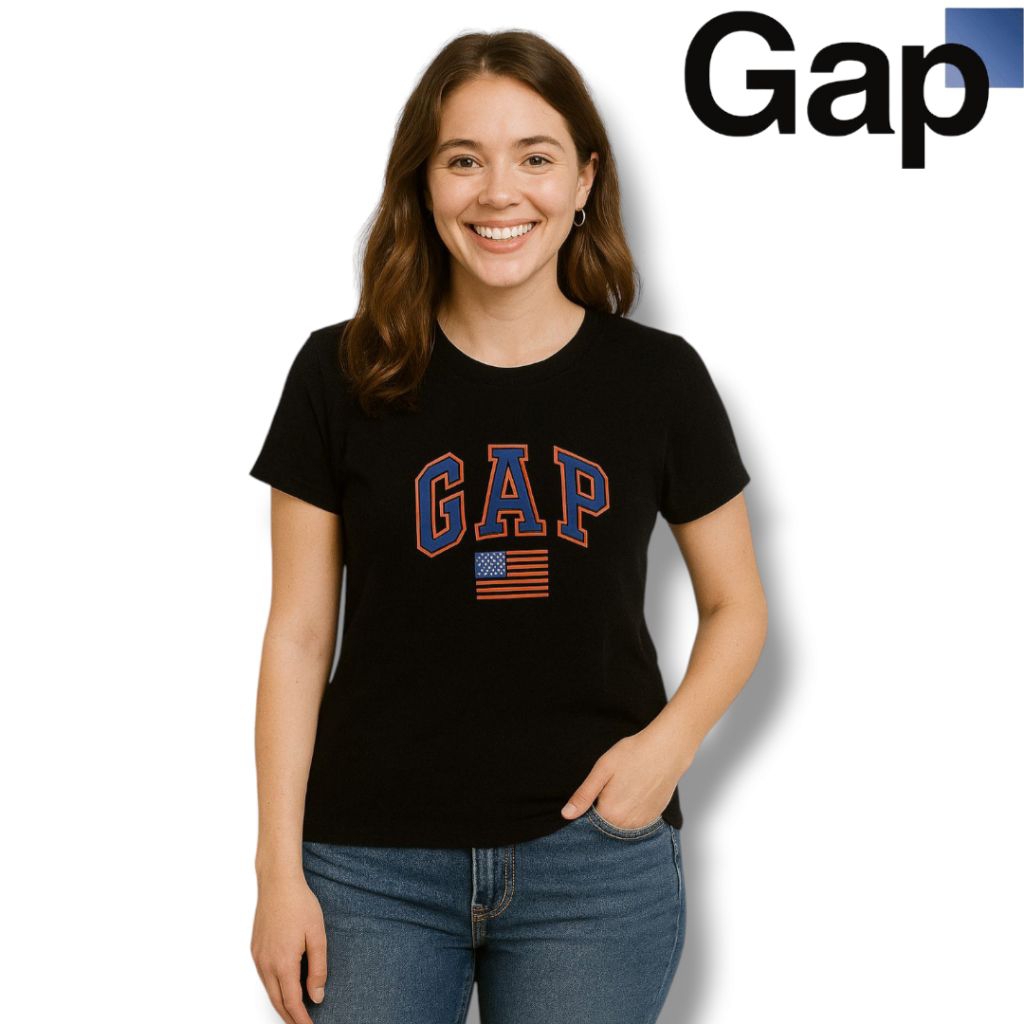 Kaos Wanita Branded GAP Original Warna Hitam | Tshirt Cewek Logo GAP Bendera USA