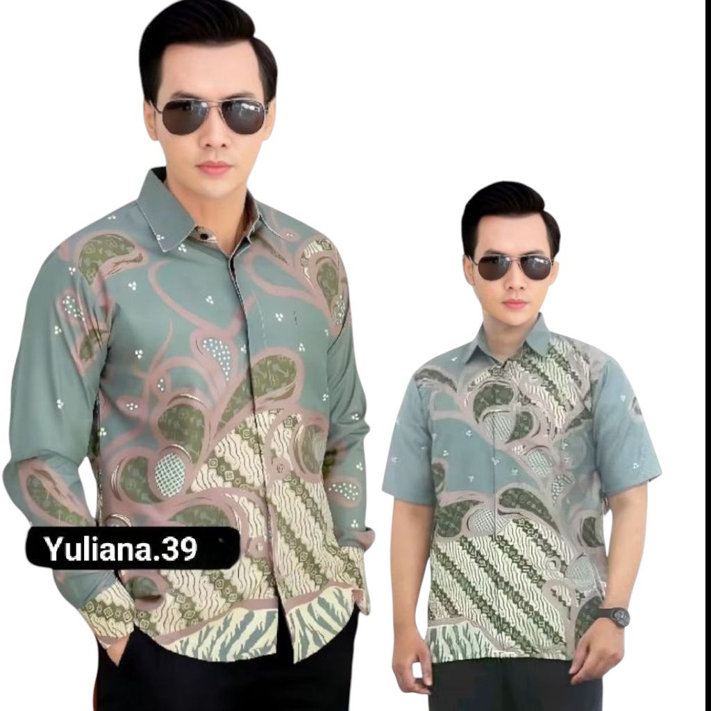 Kemeja Batik couple ayah dan anak lengan panjang warna hijau sage// batik copel keluarga terbaru 202