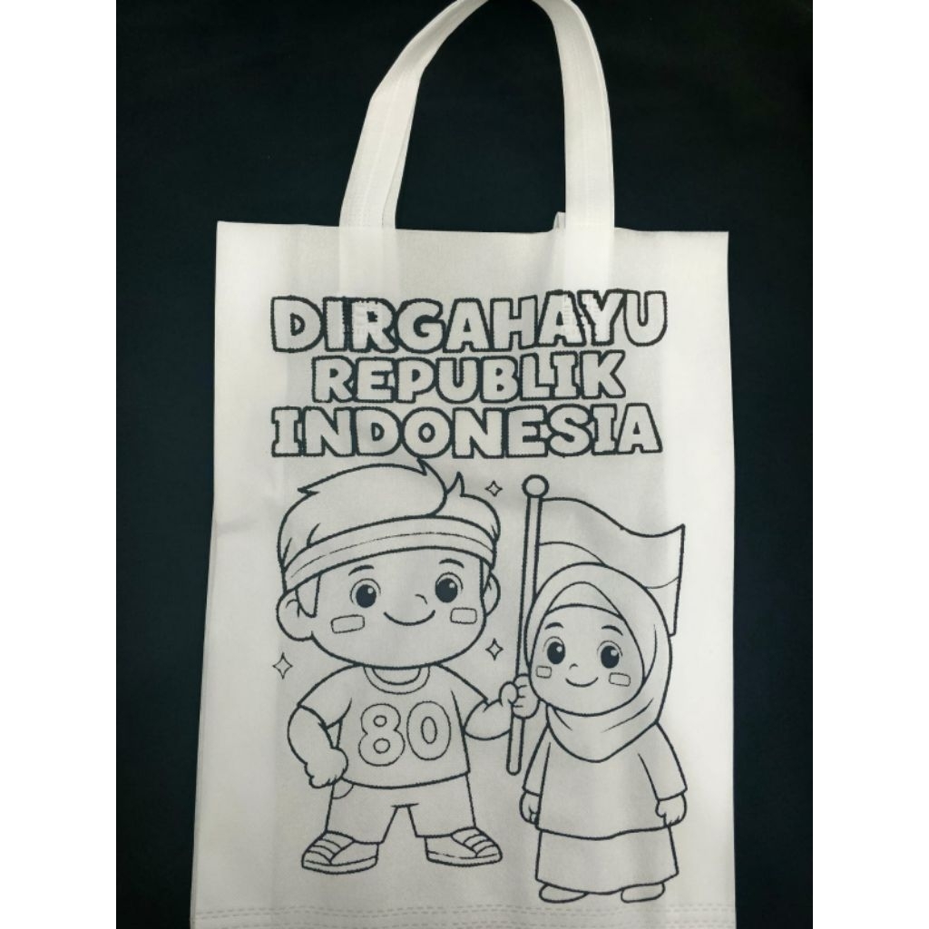 

tas spounbond lukis dan mewarnai anak-anak motif Dirgahayu Republik Indonesia uk. 30x40x8 65-70 gsm