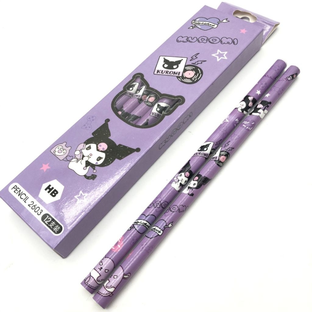 

pensil kuromi lucu warna ungu isi 12 pcs perkotak free penghapus di atas pensil