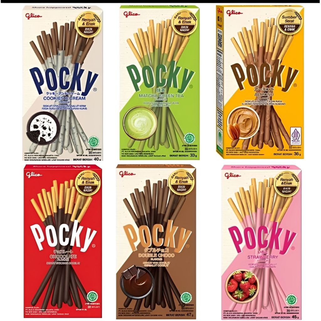 

Pocky Biskuit Stick Jepang All Varian—Cookies Cream, Matcha, Almond, Chocolate, Double Choco, Strawberry