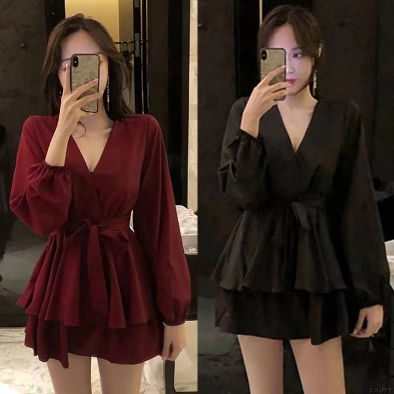 Dress Wanita Kasual Mini Dress Puffy Maroon Black Gaun Korea / Gaun Korea