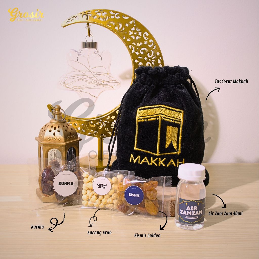 

Oleh-Oleh Haji Umroh Eksklusif Tas Serut Makkah dan Madinah Isi Kurma, Kismis, Kacang Arab & Air Zamzam