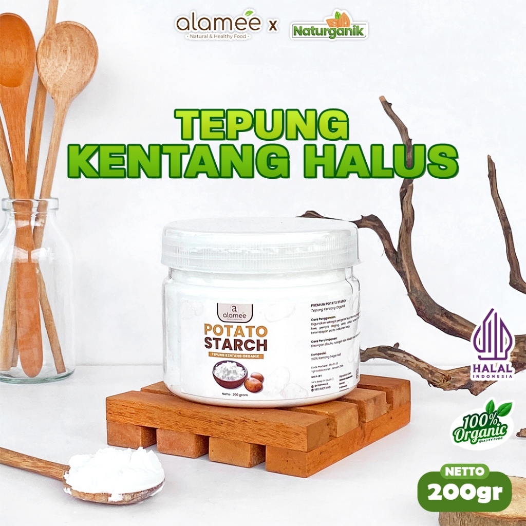 

ALAMEE Tepung Kentang Halus Potato Starch Tepung Kue PREMIUM Mashed Long Potato Powder 200gr Naturganik
