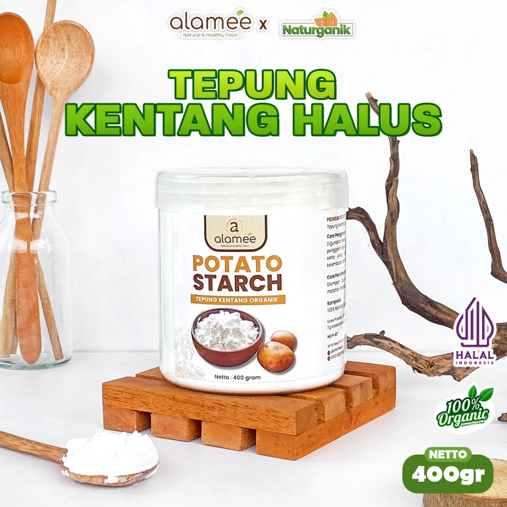 

ALAMEE Tepung Kentang Halus Potato Starch Tepung Kue PREMIUM Mashed Long Potato Powder 400gr Naturganik