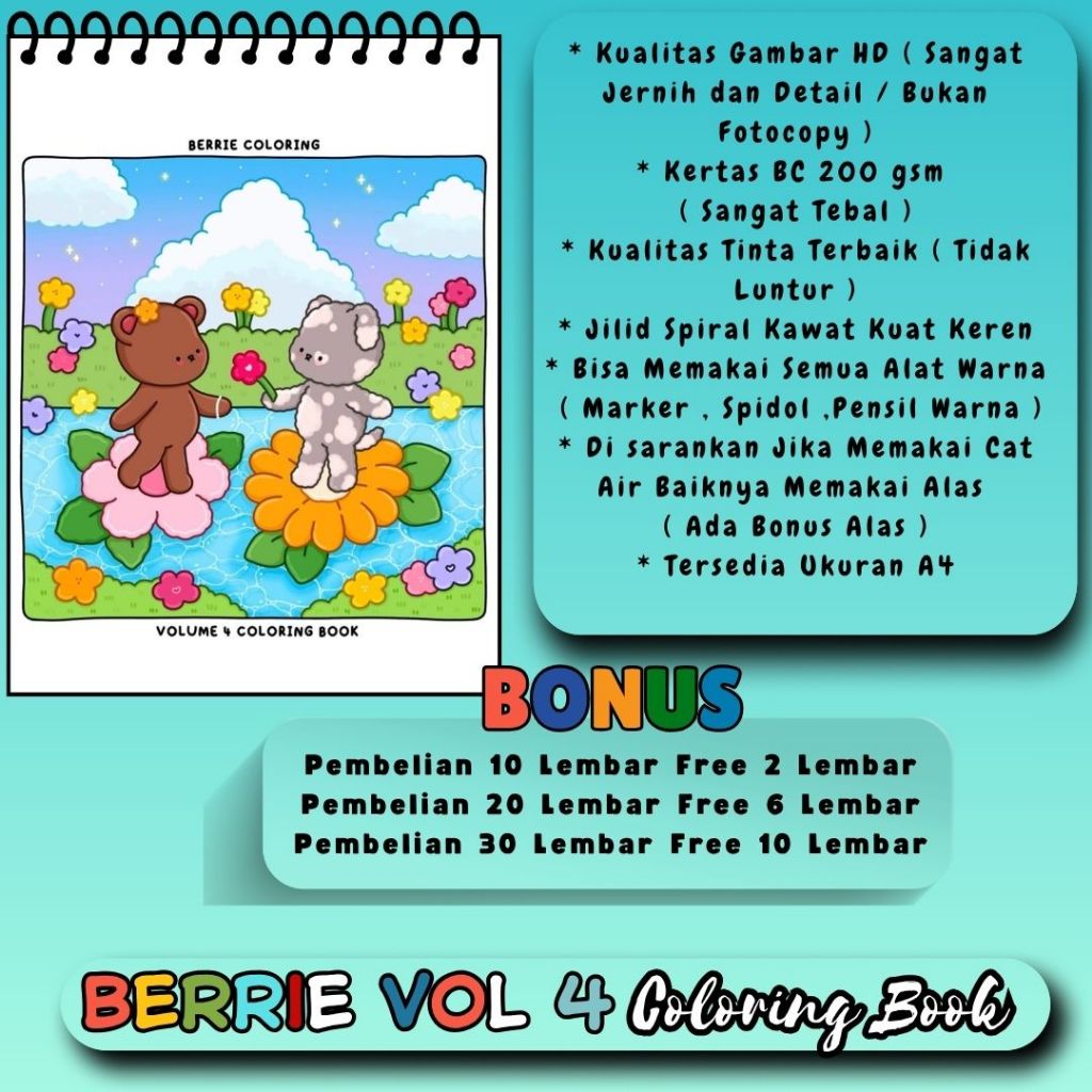 

Buku Mewarnai Tema BERRIE Vol 4 Coloring Book Cute And Easy Premium Sketsa Gambar HD Jernih Bagus Kertas Tebal 200 gsm