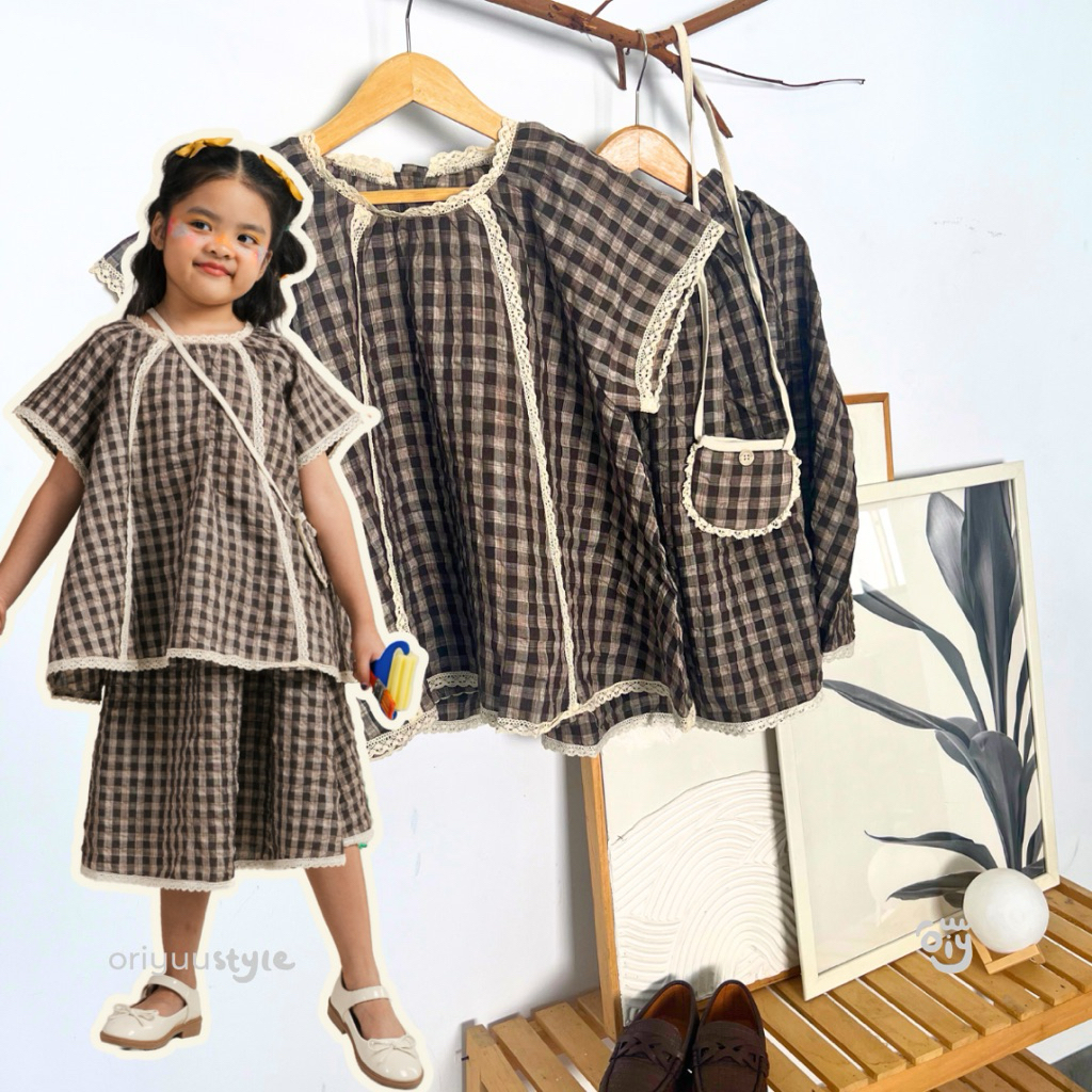 oriyuustyle - Setelan Gingham Renda include Tas Kecil 1-9 tahun Baju Anak Perempuan Vintage Korea