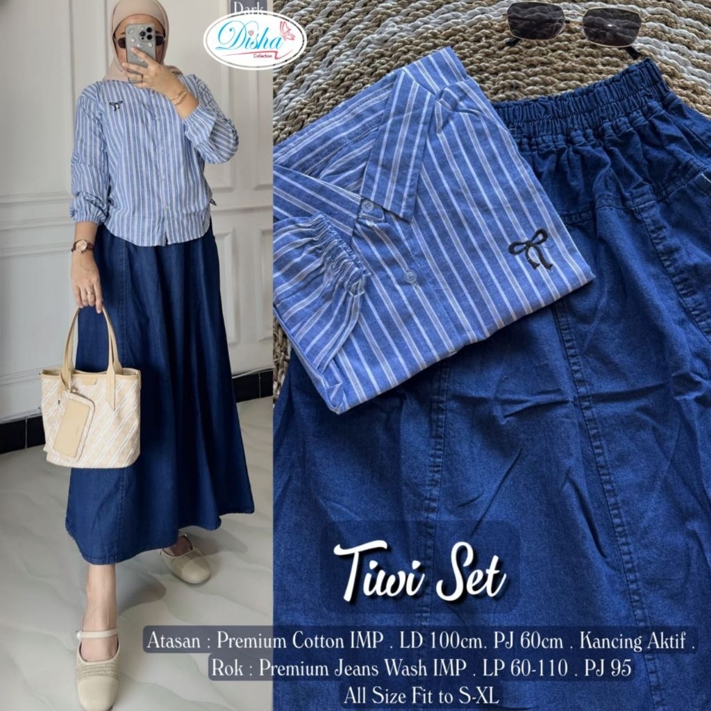 polani one set rok jeans by A.N.Y kemeja stripe wanita baju blouse garis garis rok panjang jeans kem