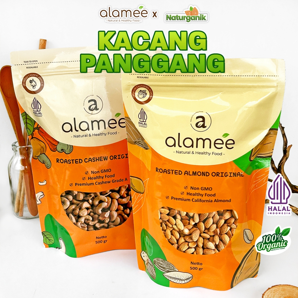 

alamee pouch besar Premium Roasted Grade A California almond mede walnut kacang panggang Naturganik