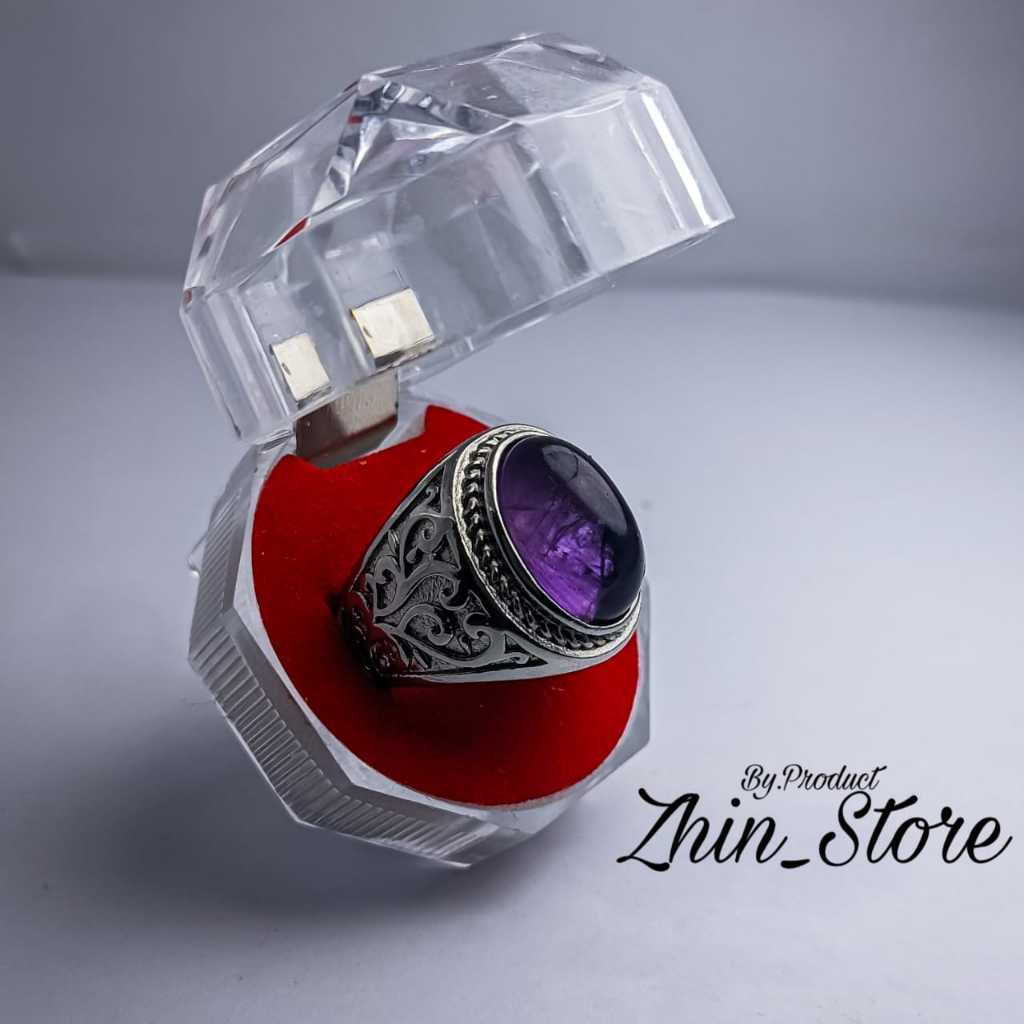 Cincin batu akik kecubung ungu, berserat alami, ring titanium anti karat & tahan lama