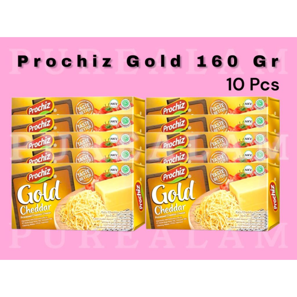 

Premium Keju Parut / Potong Prochiz Cheddar Gold 160 gram isi 10 pcs Lebih Murah