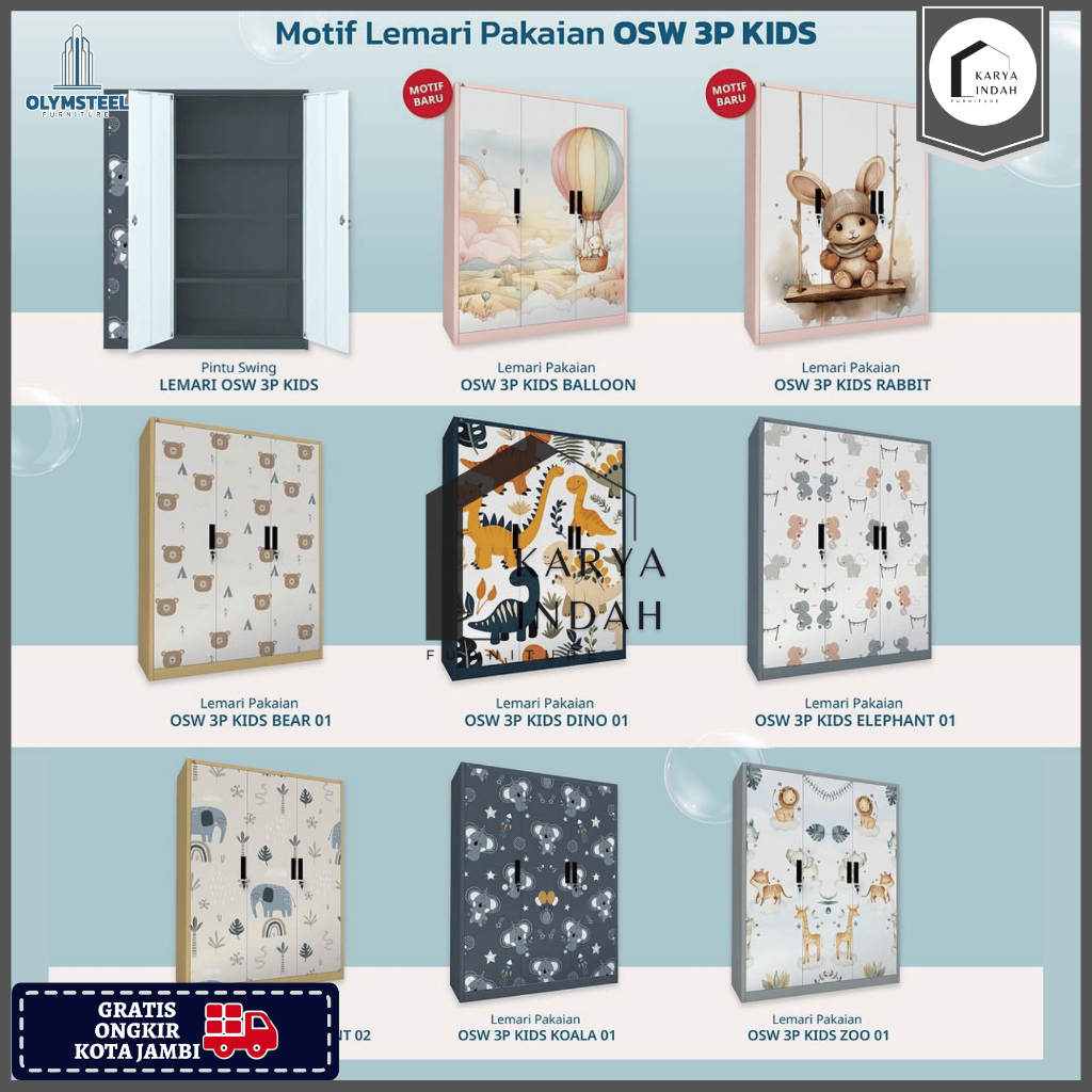Lemari Pakaian Anak Besi 3P 120 OSW KIDS OLYMPIC OLYMSTEEL Pintu Swing Plat Seng Minimalis