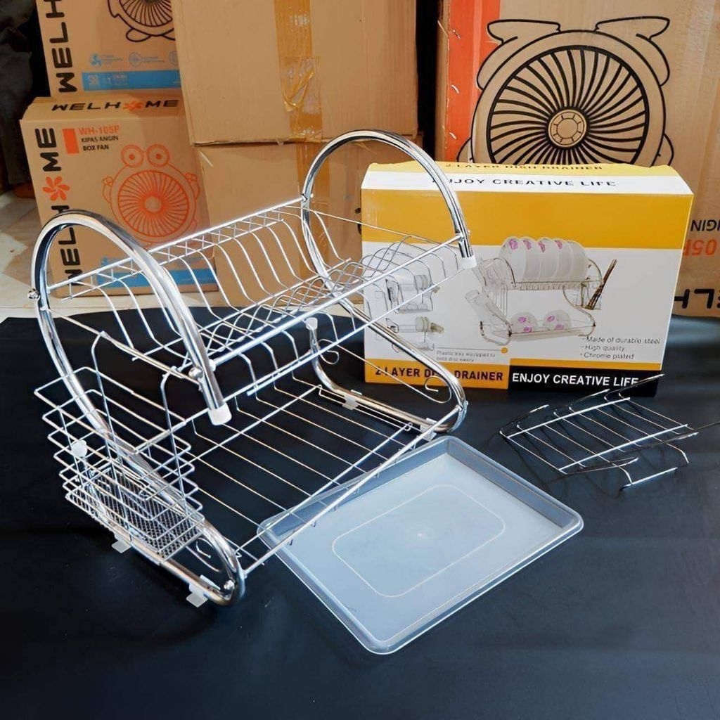 Rak piring stainless / Rak piring serbaguna / rak piring stainless 2 tingkat / Rak piring Dengan bah