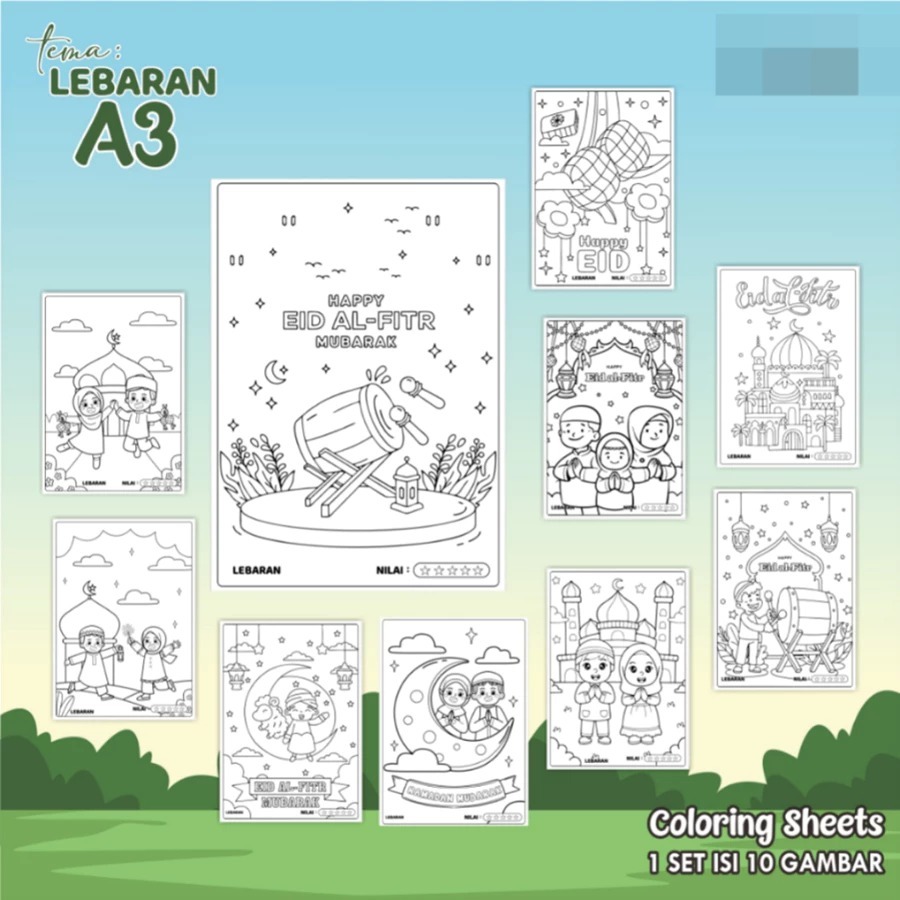 

KERTAS GAMBAR MEWARNAI TEMA HARI BESAR ISLAM - LEMBAR COLORING SHEETS FOR KIDS ISI 10 LEMBAR [A3] READY