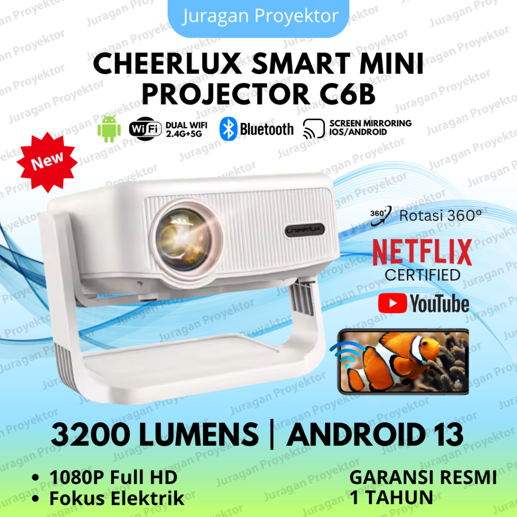 Proyektor Mini Cheerlux C6B Wifi Android Netflix 3200 Lumens  360° Rotating | Proyektor Mini Portabl