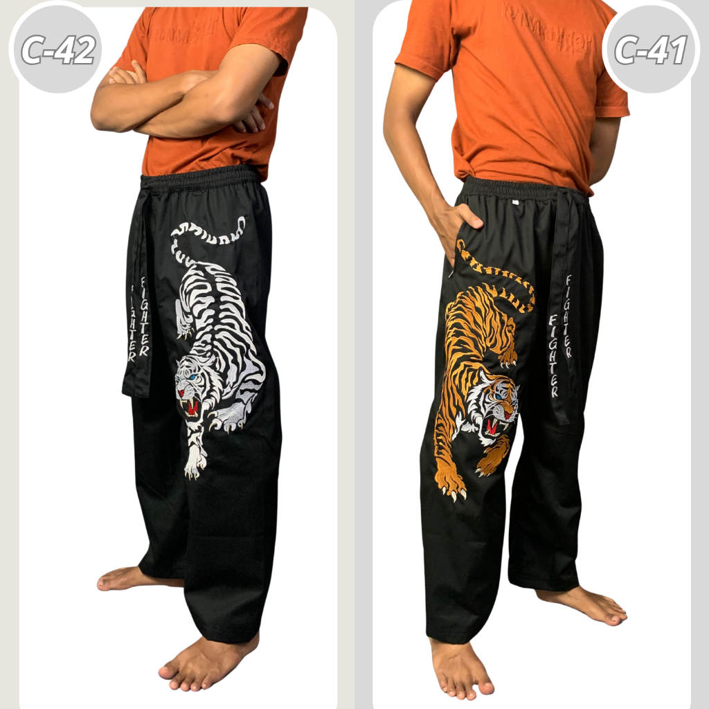 Celana Silat Hitam Komprang Pria Bordir Tebal Panjang Motif Harimau Gambar Macan Pangsi