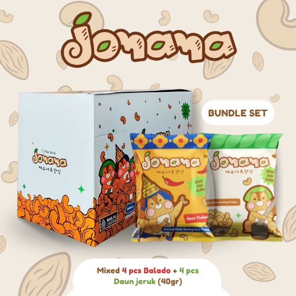 

Jomama - BUNDLE MIX 8pcs Kacang Mede Rasa Balado (4pcs) + Daun Jeruk (4pcs) 40gr Snack Cemilan Jajanan