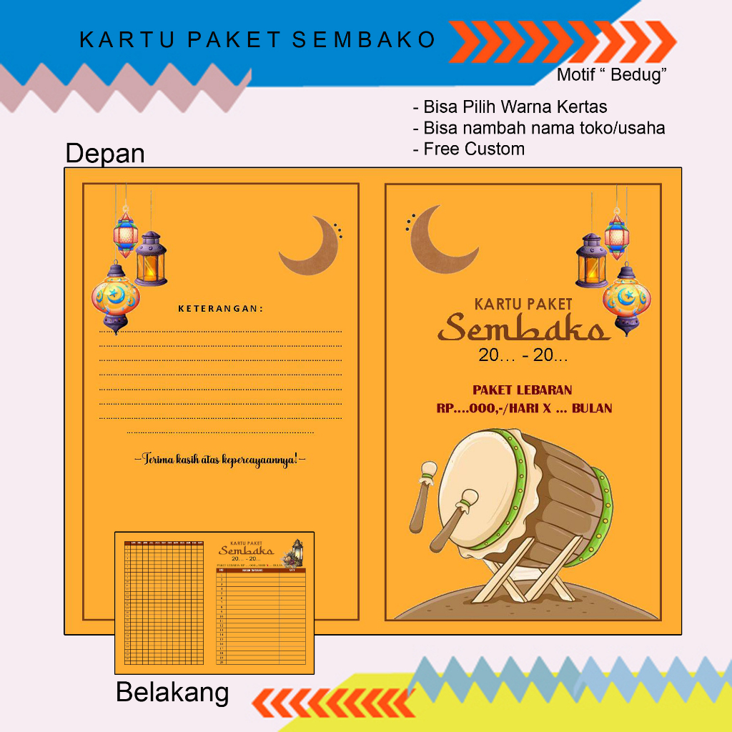 

ES88 KARTU PAKET SEMBAKO LEBARAN MOTIF BEDUG UK 21,6X16,5 MODEL LIPAT 2 CETAK BOLAK BALIK