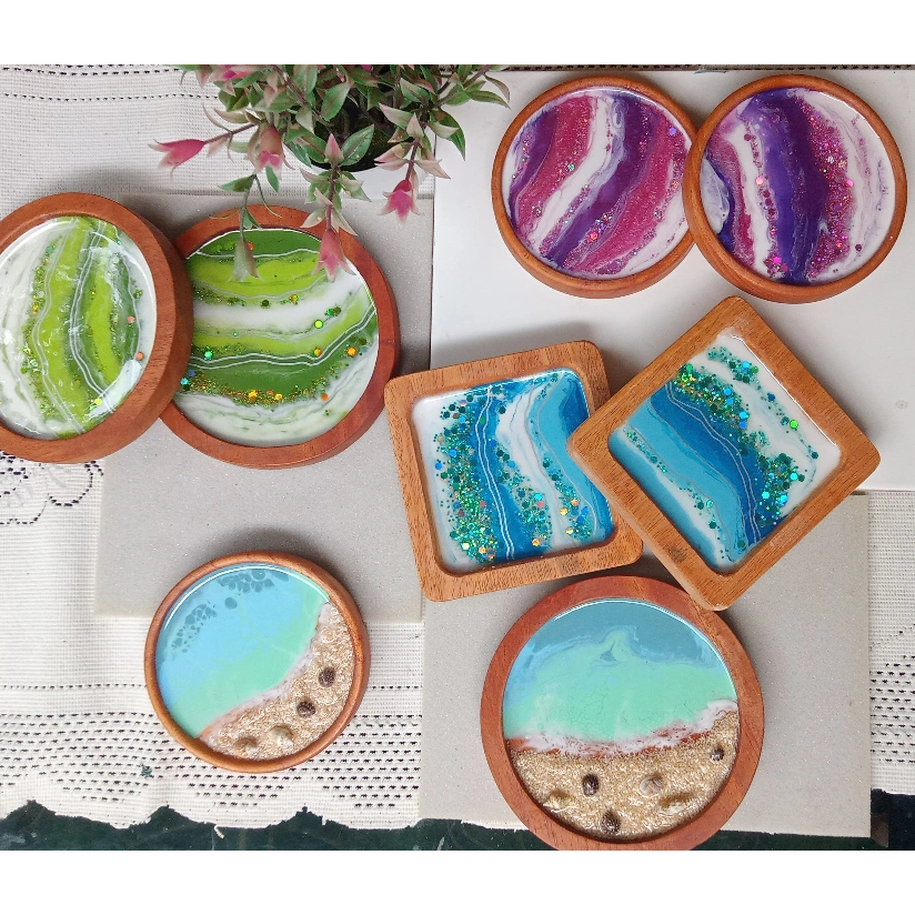 [ Emeref ] Tatakan Kayu Resin Handmade | Resin Coaster | Tatakan Gelas | Geode Theme | Dekorasi Ruma