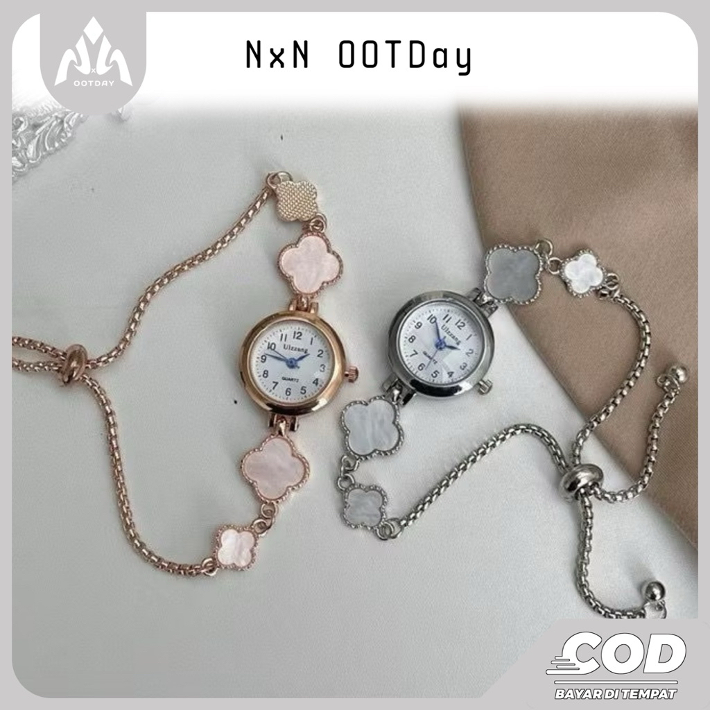 Jam Tangan Wanita Serut Strap Daun | Jam Tangan Adjustable | Gelang Serut Jam Tangan Bulat