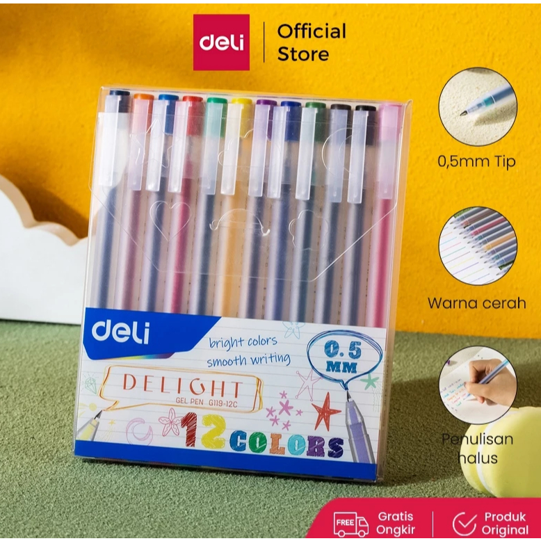 

Deli School Gel Pen EG119 / Pulpen Gel 0.5 mm 12 Warna Penulisan Halus EG119-12C