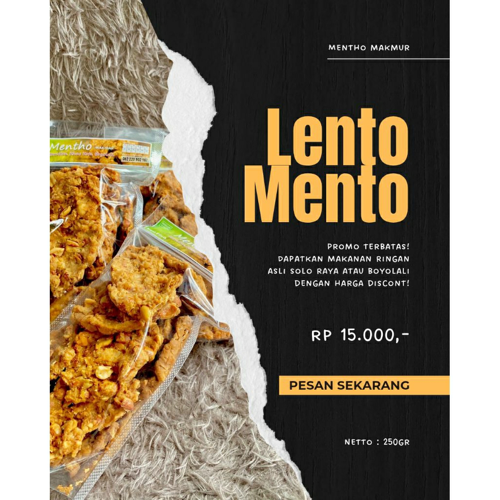 

Mento / Mentho / Lento / Lentho / Lentho Kering / Cemilan Pasar / Oleh-oleh Khas Solo / Mento Isi 15 Biji / Kacang Tanah / Kacang-kacangan / Camilan Kacang / Jajanan Pasar