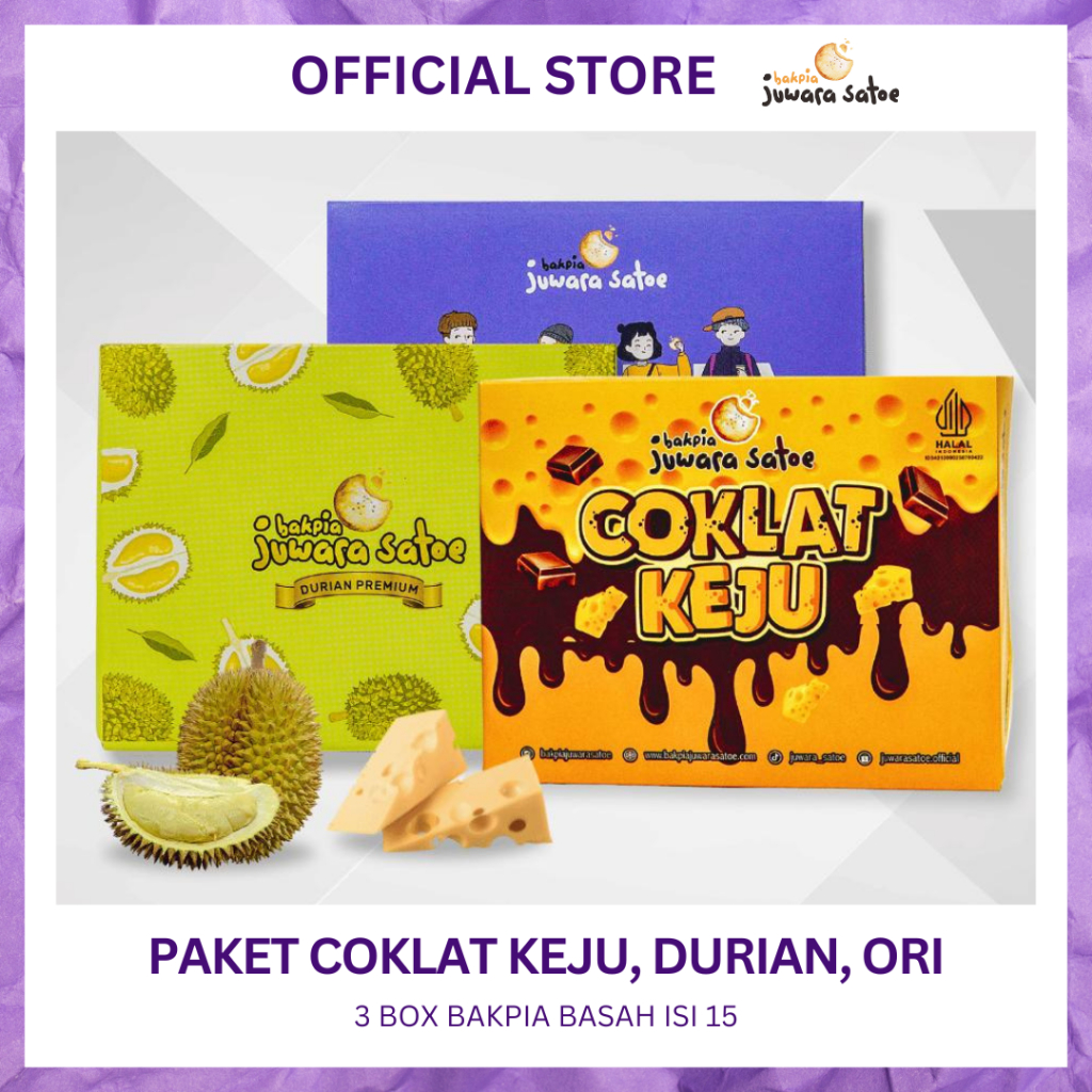 

BAKPIA JUWARA SATOE [ 3 Box ] Paket Bakpia Basah (Coklat Keju, Durian, Original) - Khas Jogja