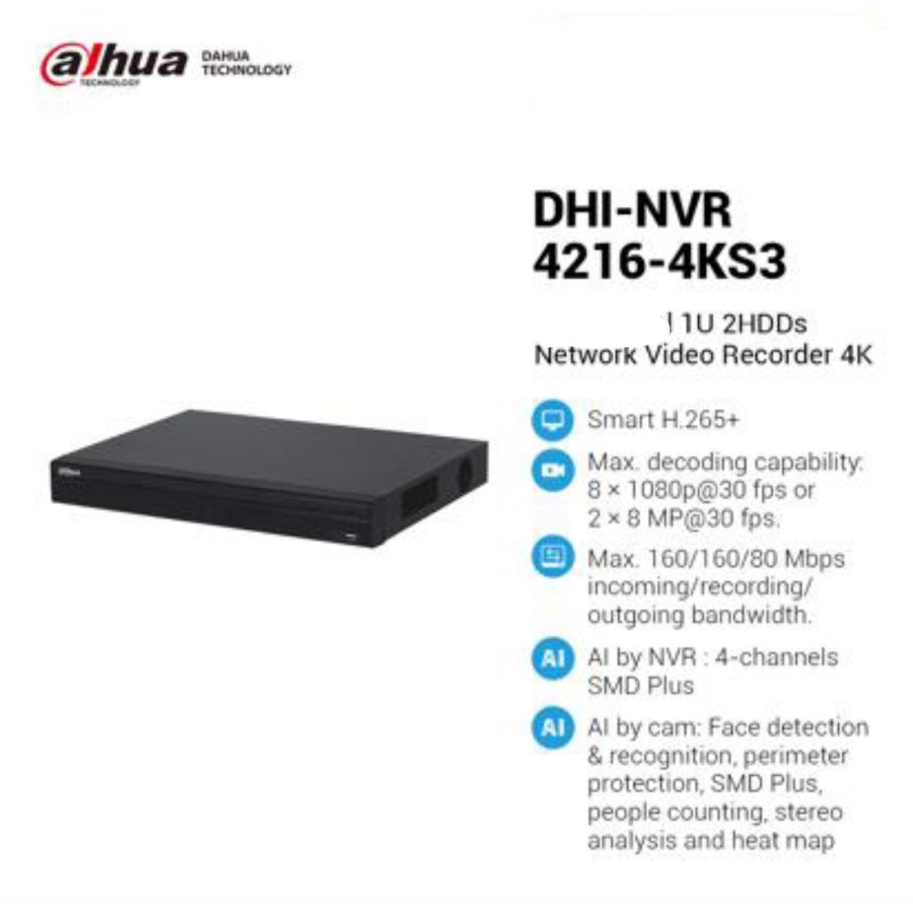 Dahua NVR4216-4KS3 NVR 16 Channels Smart Recording NVR 2 HDD Slot