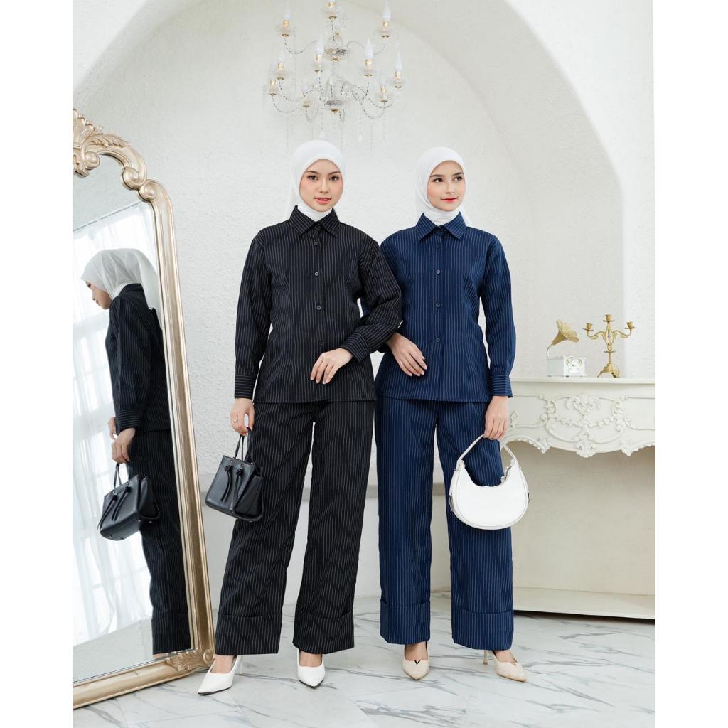 Nazwa x Diandra One Set Wanita Semi Formal | Setelan Semiwool Garis Salur Korean Style Terbaru Bycas