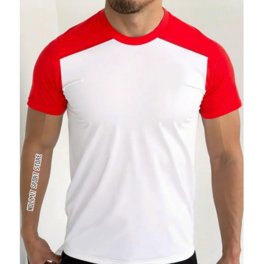 COD BAJU OLAHRAGA POLOS MERAH PUTIH PRIA DAN WANITA DEWASA KAOS GYM SLIM FIT KAOS FITNES LENGAN PEND