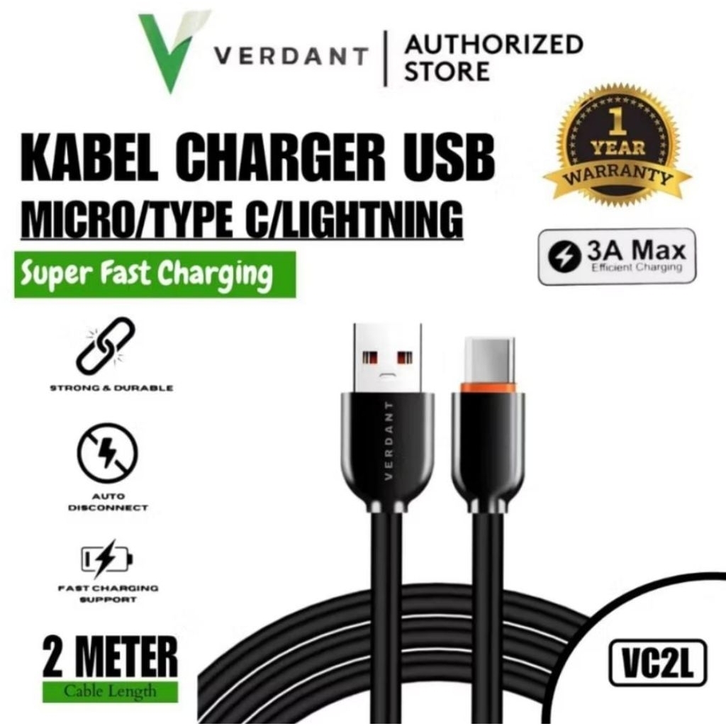 Verdant Kabel Data USB Micro Type C & Lightning 3A QC3.0 Super Fast Charging 120W