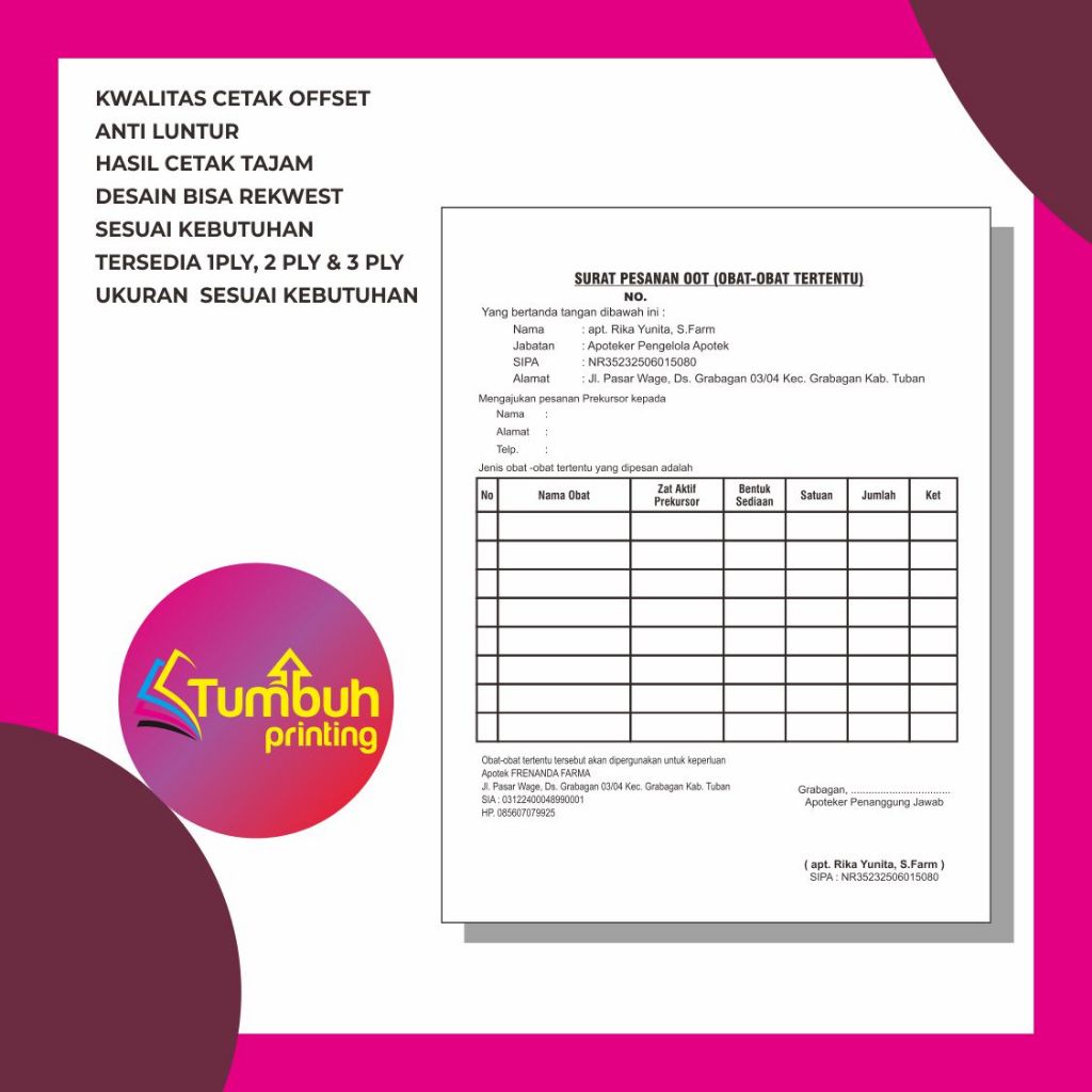 

SURAT KEBUTUHAN APOTEK / BIDAN / PUSKESMAS