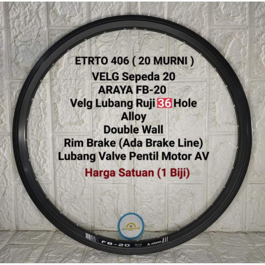 Rims Velg 20 Murni 36H ARAYA FB20 ETRTO 406 Double Wall Brake Line Valve AV Full Black Sepeda Lipat 