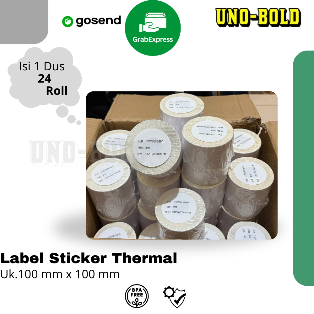 

LABEL STICKER THERMAL & CONTINOUS PAPER THERMAL 100 X 100 mm" isi 500pcs (1dus isi 24 Roll)