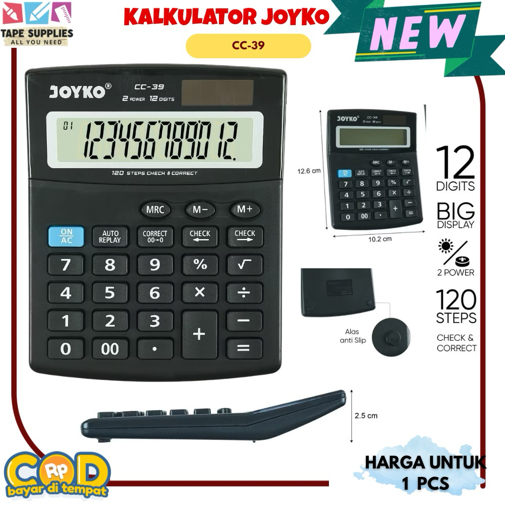 

Joyko Kalkulator CC‑39 – Dual Power, Tampilan Jelas, Fungsi Koreksi