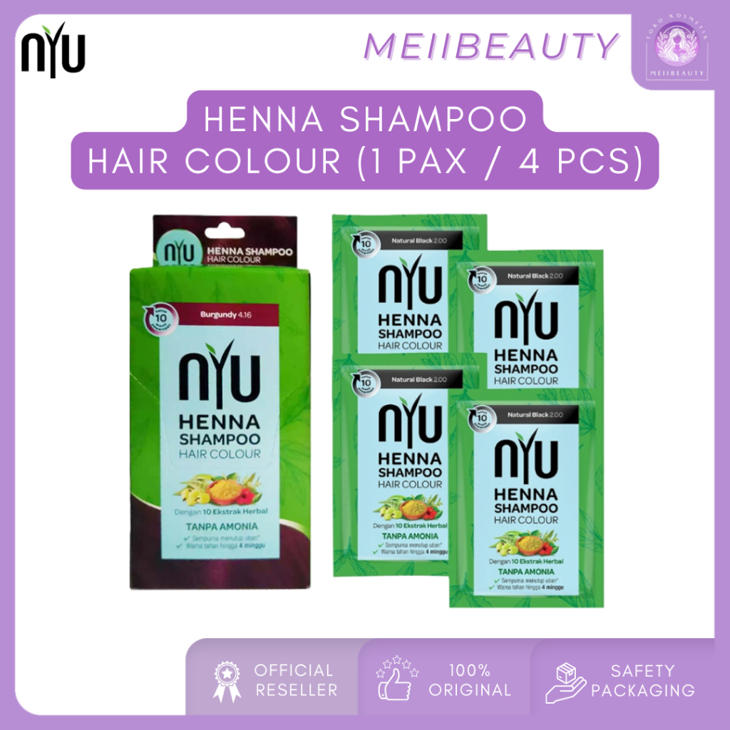 NYU Henna Shampoo Hair Colour | Natural Brown, Black, Burgundy (1 BOX isi 4 PCS)