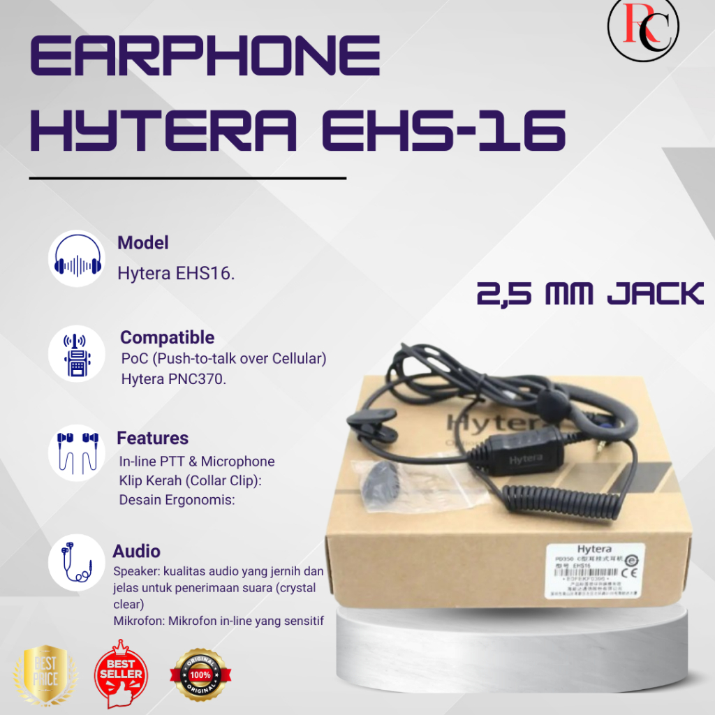 Earset Hytera EHS16 ORIGINAL HT POC 2.5 mm Jack PTT Handsfree Earphone Hytera PNC370 PNC 370