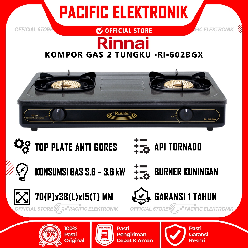 Kompor Gas Rinnai 2 Tungku RI-602BGX / 602BGX (Api Tornado)