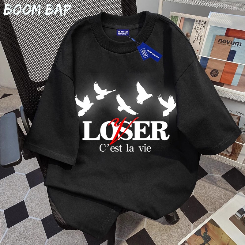 BOOMBAP American retro Style T-shirt Oversize Loser Pigeon Print top| Kaos Wanita Hitam | Kaos pria 