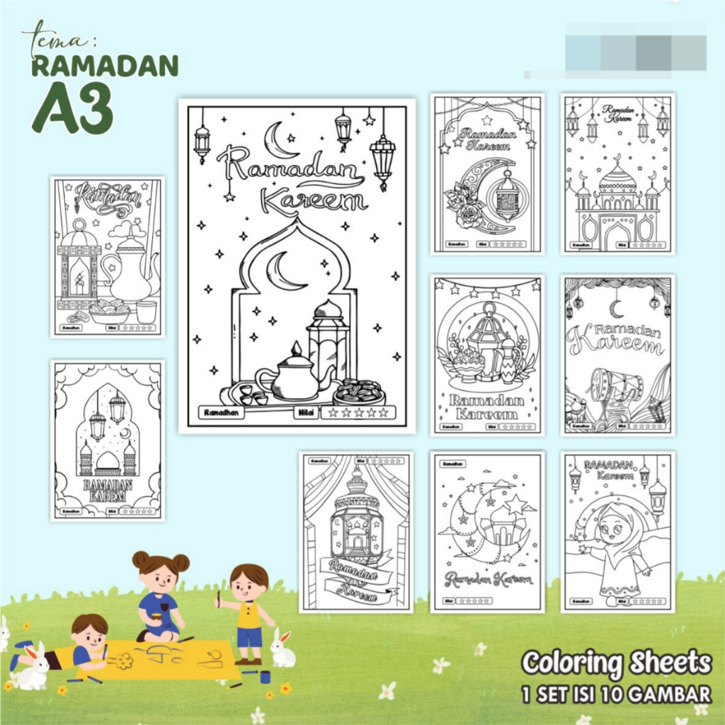 

KERTAS GAMBAR MEWARNAI TEMA RAMADAN - LEMBAR COLORING SHEETS ISI 10 LEMBAR [A3] READY