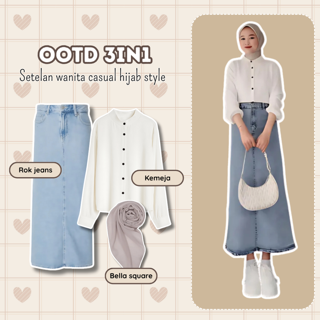 Setelan Wanita 3in1 Hijab Casual (Kemeja cringkel, Rok jeans, Bella square) OOTD Hangout Kekinian