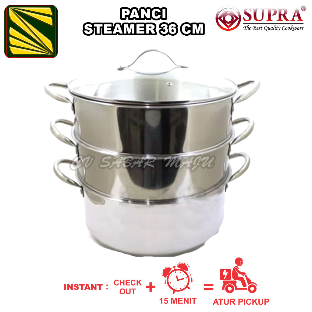 Panci Kukusan Susun 3 Stainless Tutup Kaca 36 CM Supra