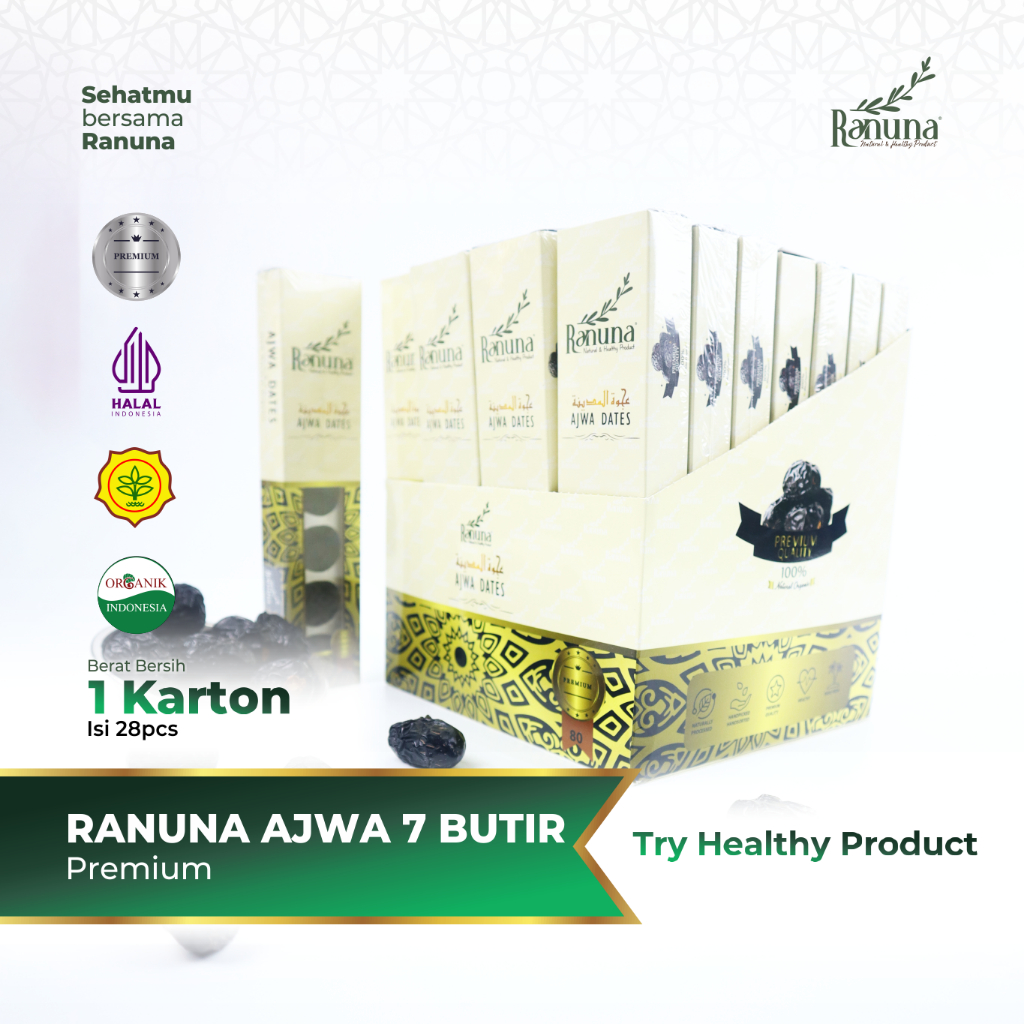 

Ranuna - Kurma Ajwa 7 Butir 1 Karton isi 28 Pcs Premium Organic High Quality